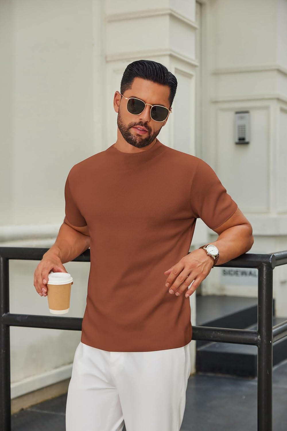 imageCOOFANDY Mens Mock Turtleneck Sweater Short Sleeve Casual Knitted TShirts Thermal Tops Solid Basic TeeCamel