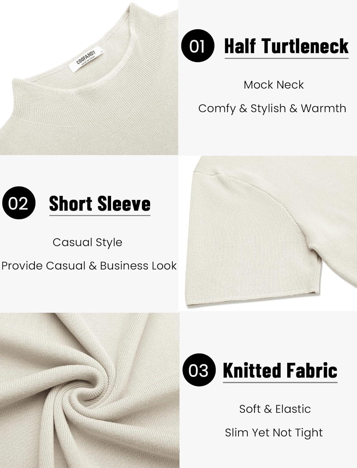 imageCOOFANDY Mens Mock Turtleneck Sweater Short Sleeve Casual Knitted TShirts Thermal Tops Solid Basic TeeCream White