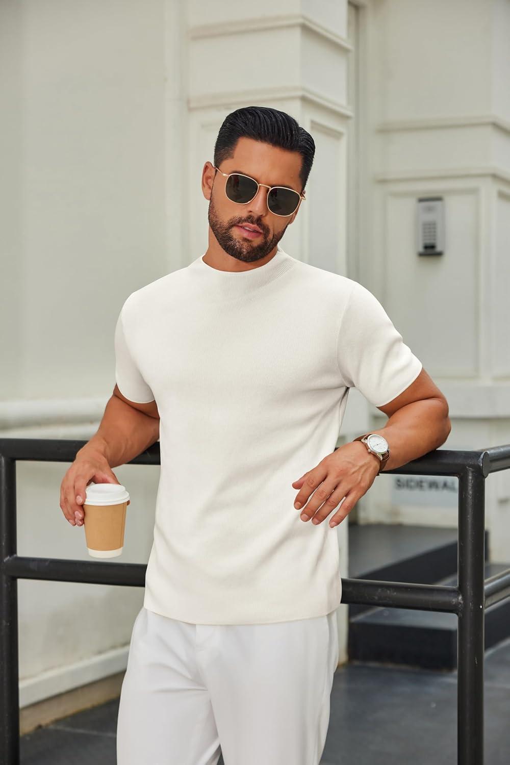 imageCOOFANDY Mens Mock Turtleneck Sweater Short Sleeve Casual Knitted TShirts Thermal Tops Solid Basic TeeCream White