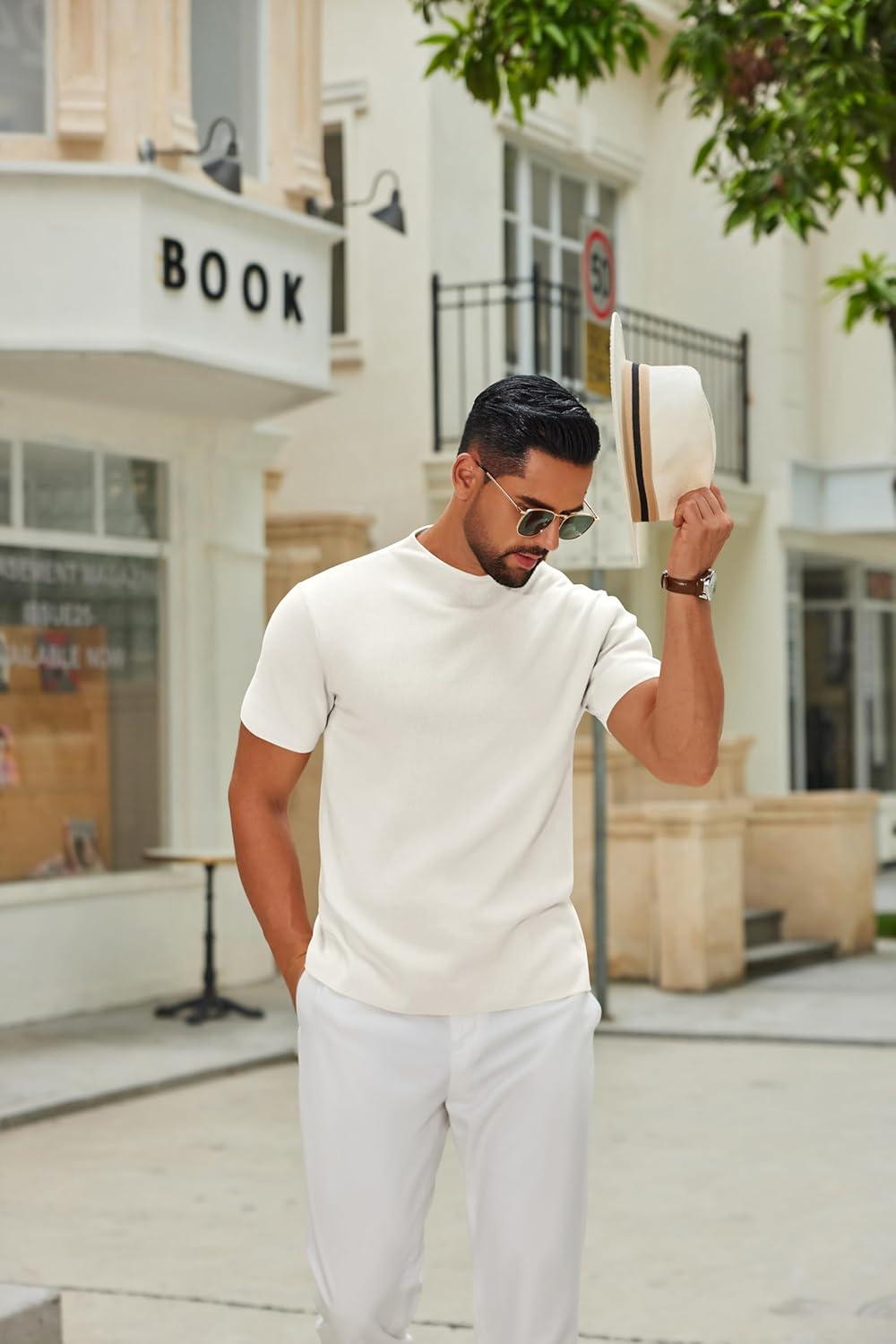 imageCOOFANDY Mens Mock Turtleneck Sweater Short Sleeve Casual Knitted TShirts Thermal Tops Solid Basic TeeCream White