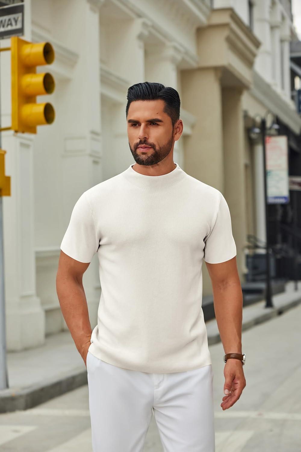 imageCOOFANDY Mens Mock Turtleneck Sweater Short Sleeve Casual Knitted TShirts Thermal Tops Solid Basic TeeCream White