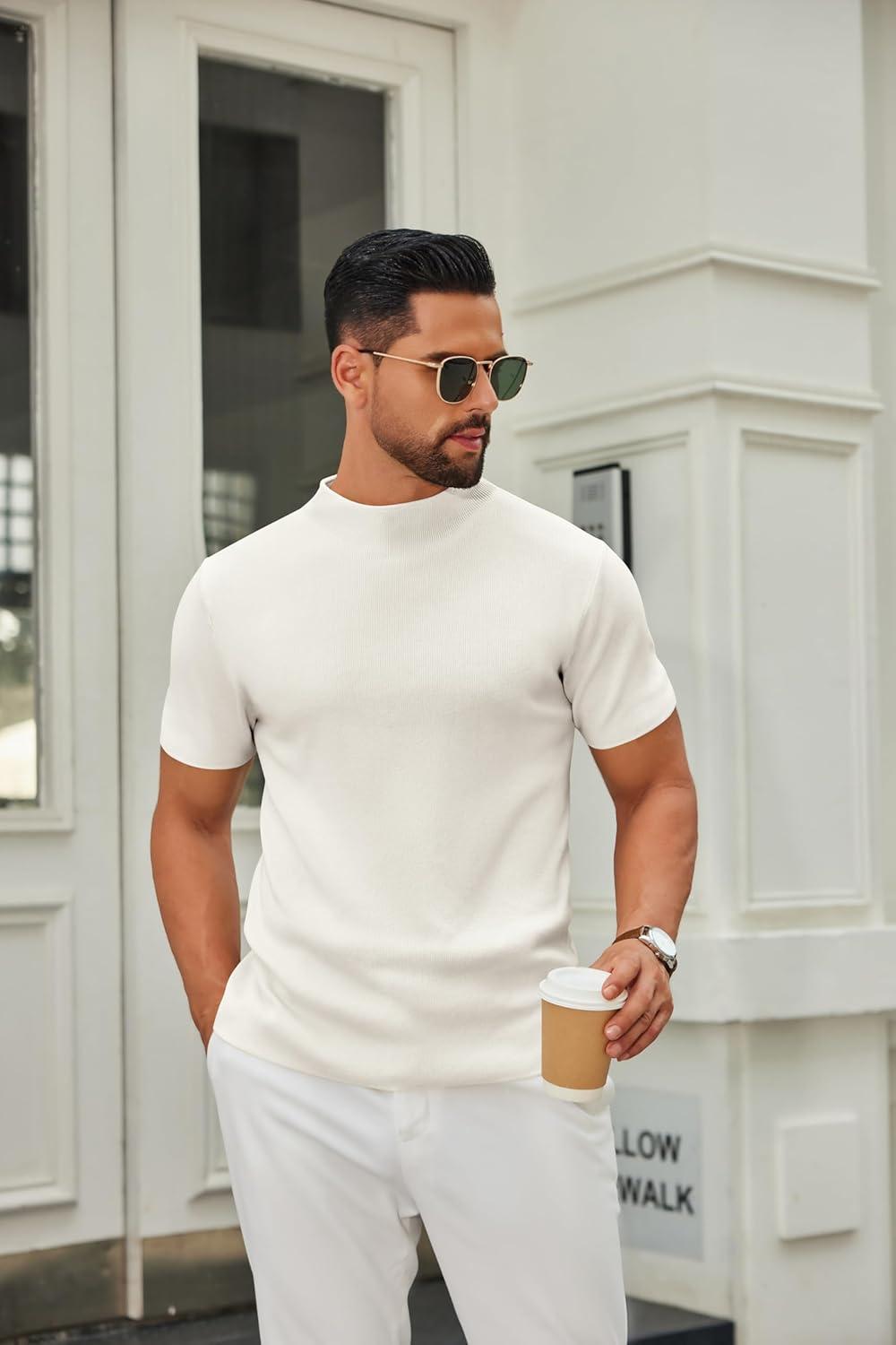 imageCOOFANDY Mens Mock Turtleneck Sweater Short Sleeve Casual Knitted TShirts Thermal Tops Solid Basic TeeCream White