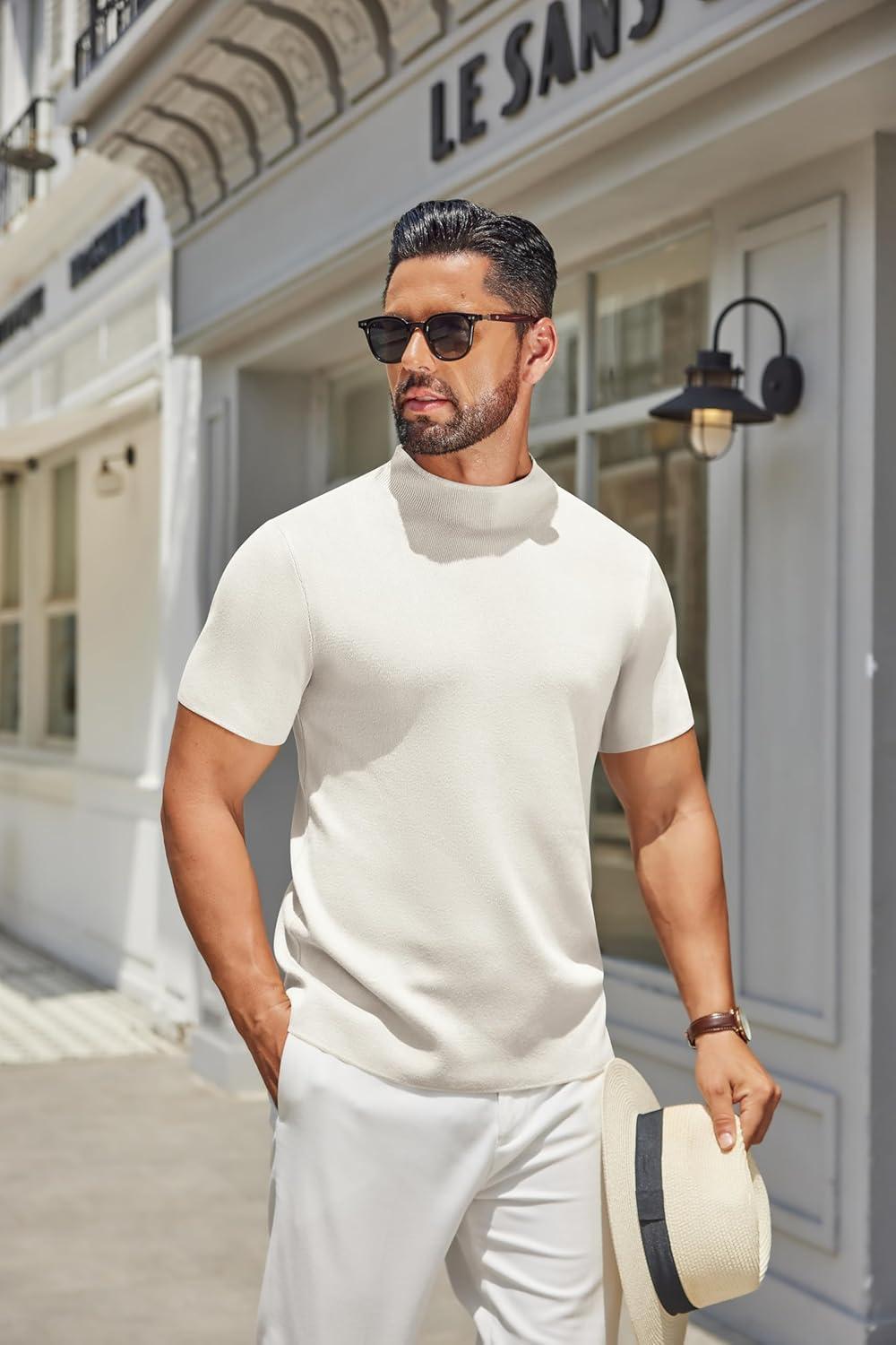 imageCOOFANDY Mens Mock Turtleneck Sweater Short Sleeve Casual Knitted TShirts Thermal Tops Solid Basic TeeCream White
