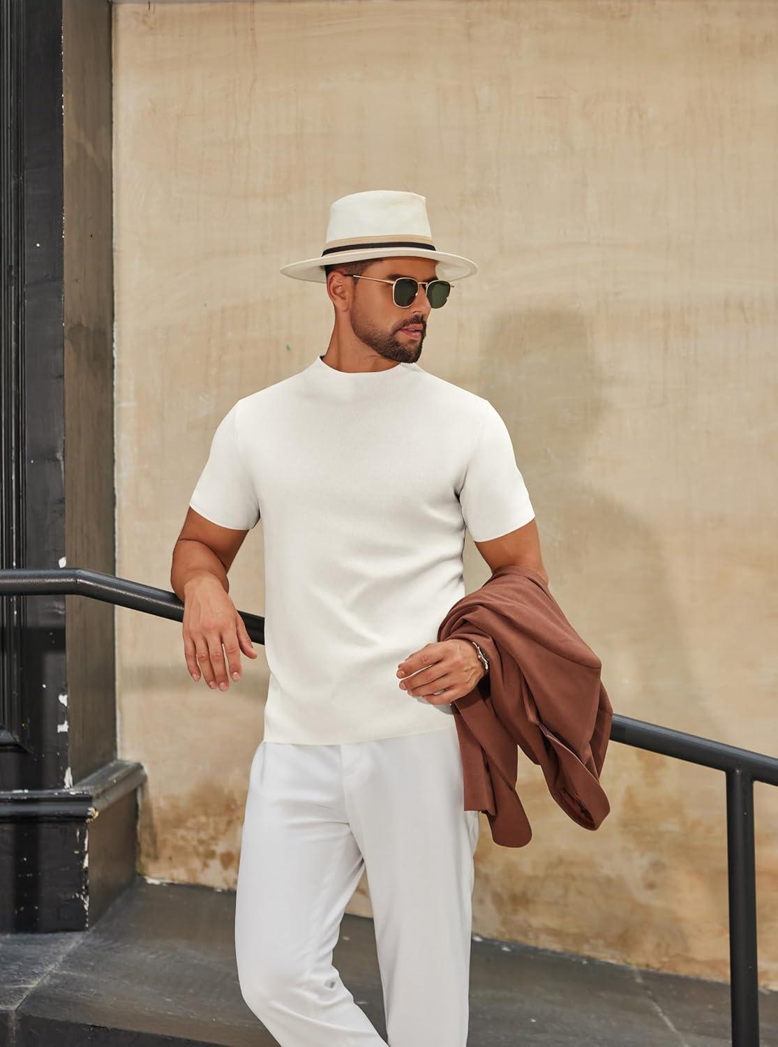 imageCOOFANDY Mens Mock Turtleneck Sweater Short Sleeve Casual Knitted TShirts Thermal Tops Solid Basic TeeCream White