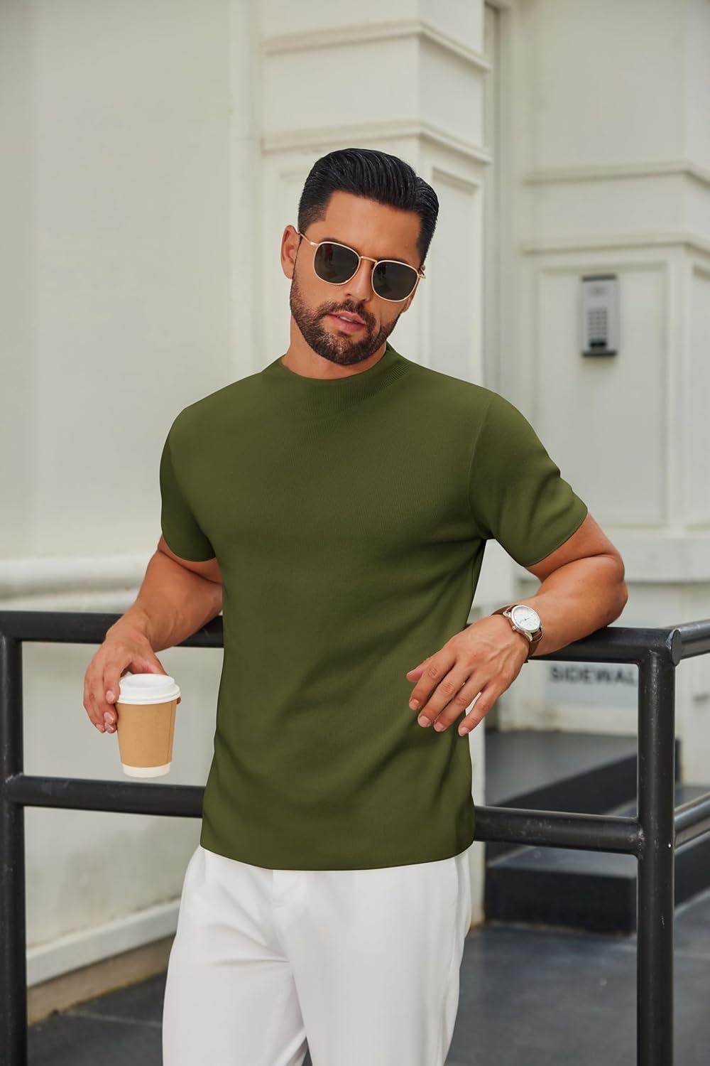 imageCOOFANDY Mens Mock Turtleneck Sweater Short Sleeve Casual Knitted TShirts Thermal Tops Solid Basic TeeDark Green