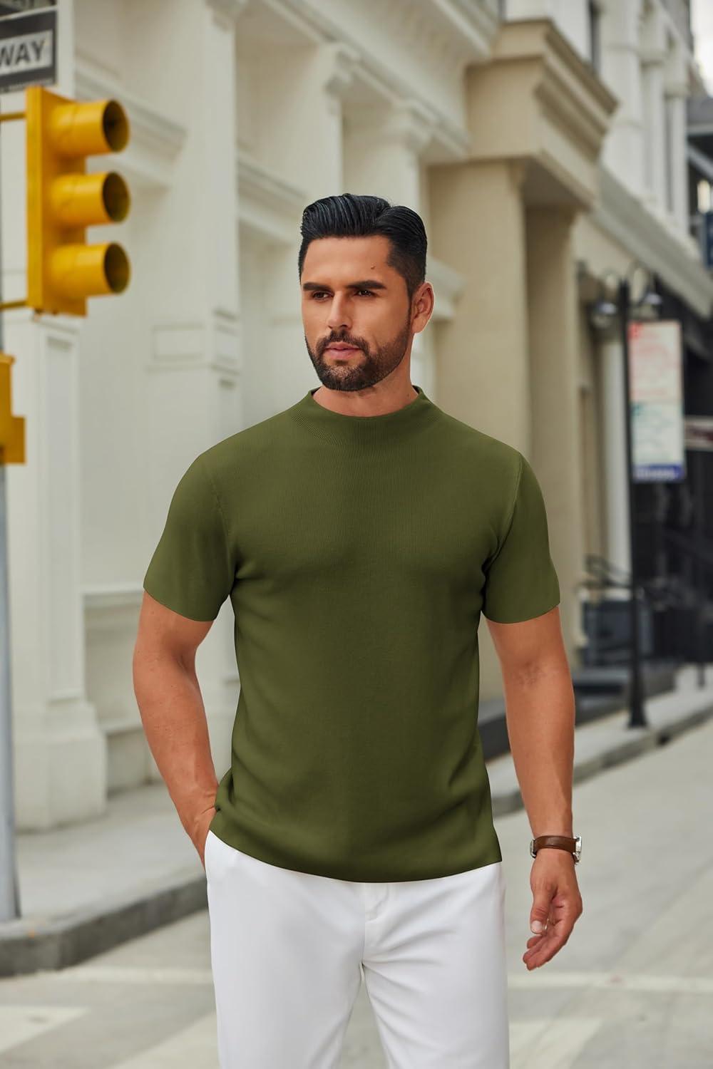 imageCOOFANDY Mens Mock Turtleneck Sweater Short Sleeve Casual Knitted TShirts Thermal Tops Solid Basic TeeDark Green