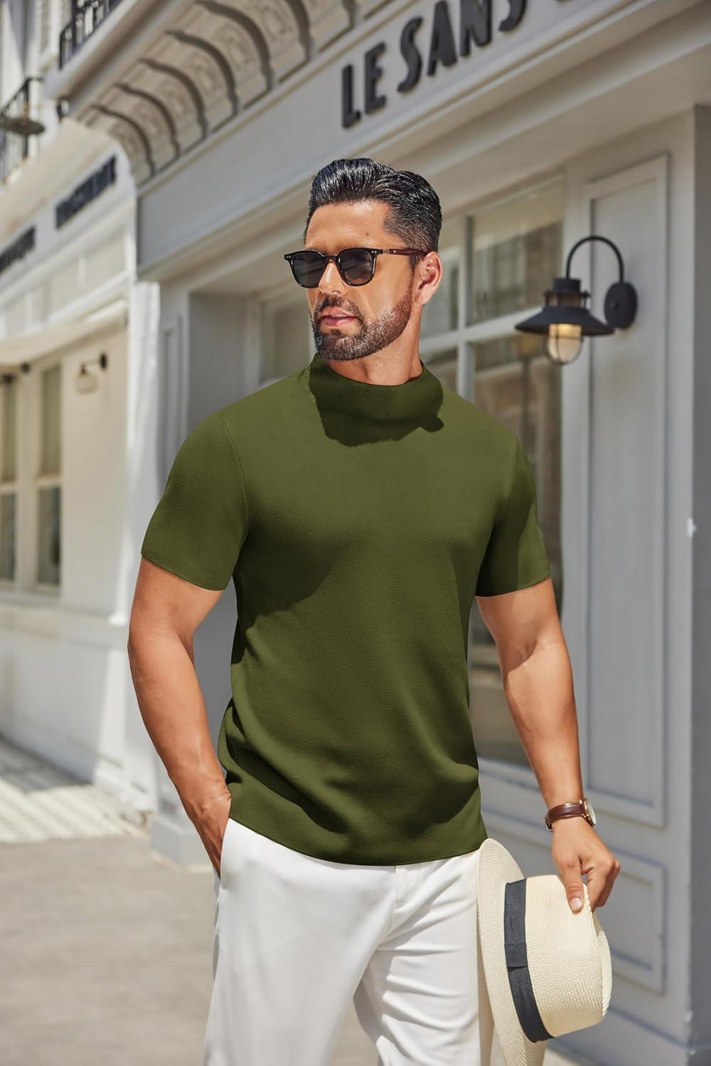 imageCOOFANDY Mens Mock Turtleneck Sweater Short Sleeve Casual Knitted TShirts Thermal Tops Solid Basic TeeDark Green