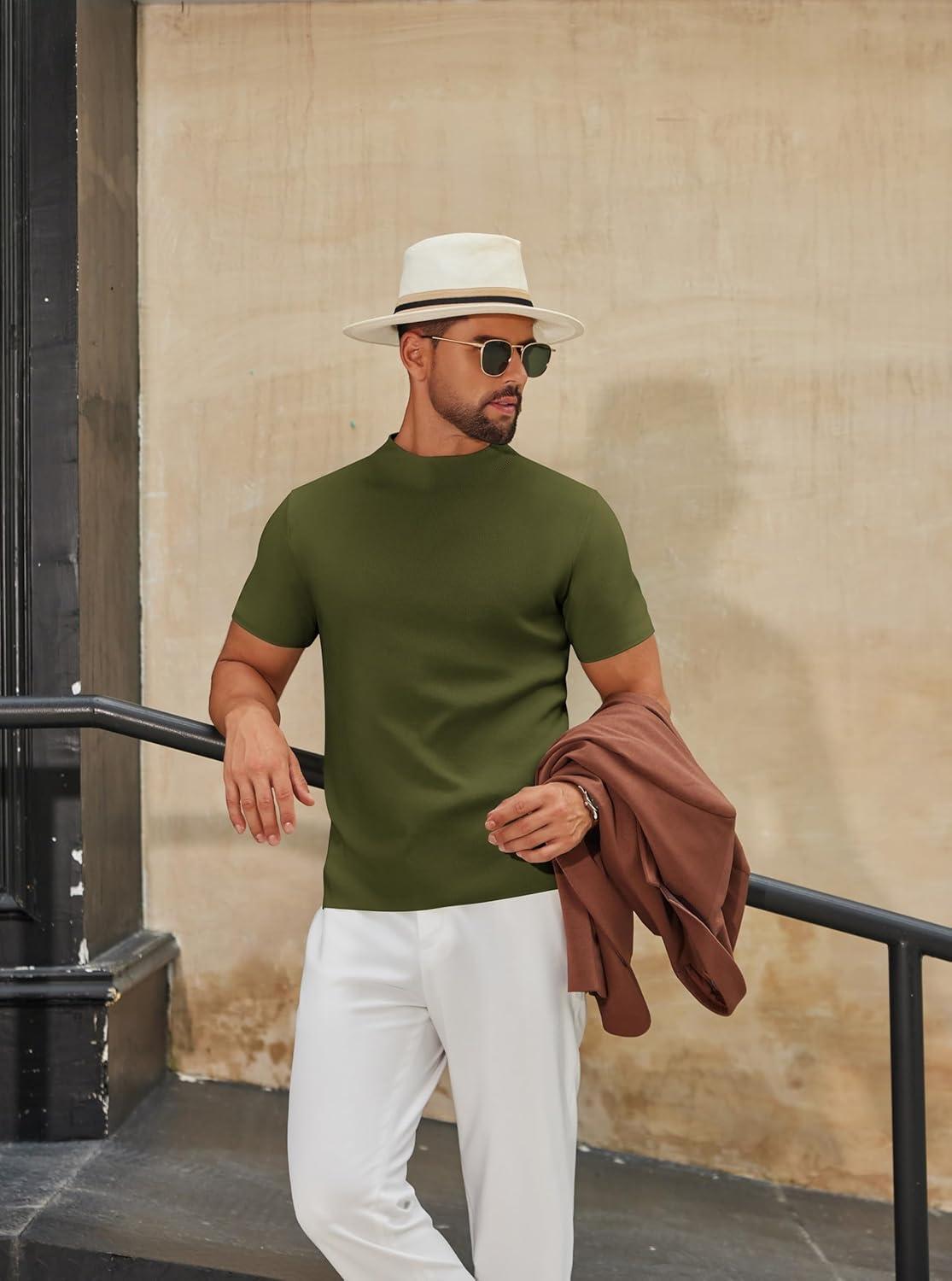 imageCOOFANDY Mens Mock Turtleneck Sweater Short Sleeve Casual Knitted TShirts Thermal Tops Solid Basic TeeDark Green