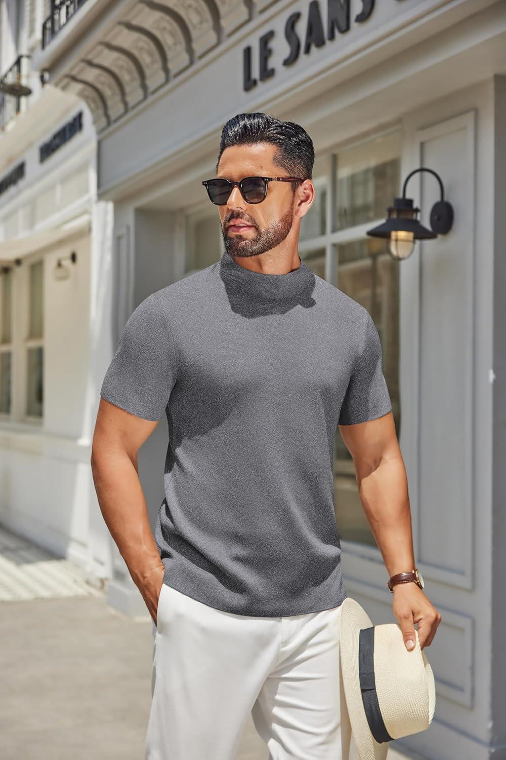 imageCOOFANDY Mens Mock Turtleneck Sweater Short Sleeve Casual Knitted TShirts Thermal Tops Solid Basic TeeDark Grey