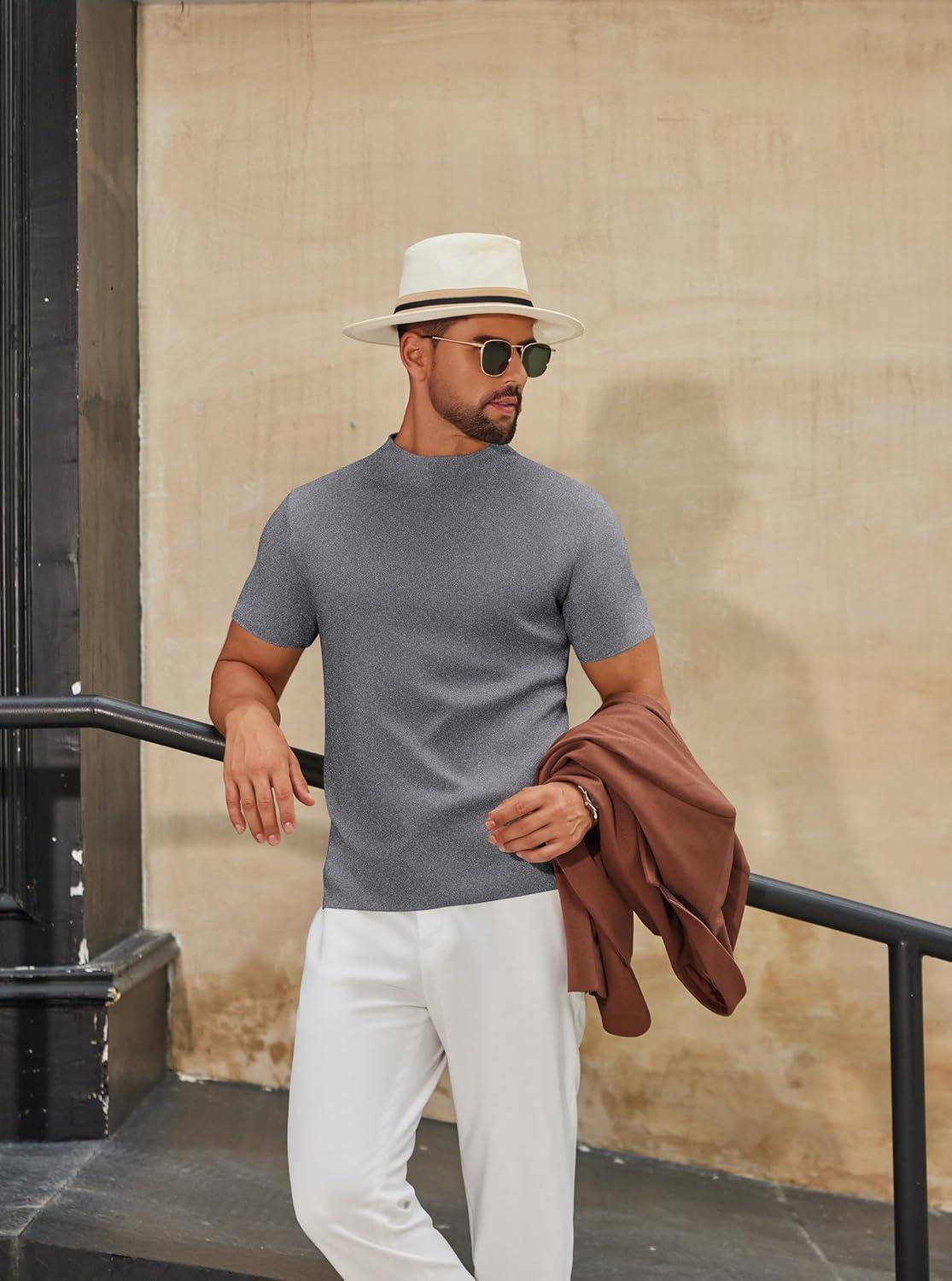 imageCOOFANDY Mens Mock Turtleneck Sweater Short Sleeve Casual Knitted TShirts Thermal Tops Solid Basic TeeDark Grey