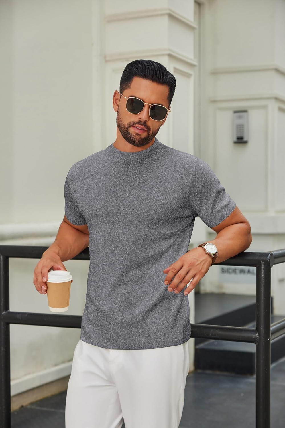 imageCOOFANDY Mens Mock Turtleneck Sweater Short Sleeve Casual Knitted TShirts Thermal Tops Solid Basic TeeDark Grey