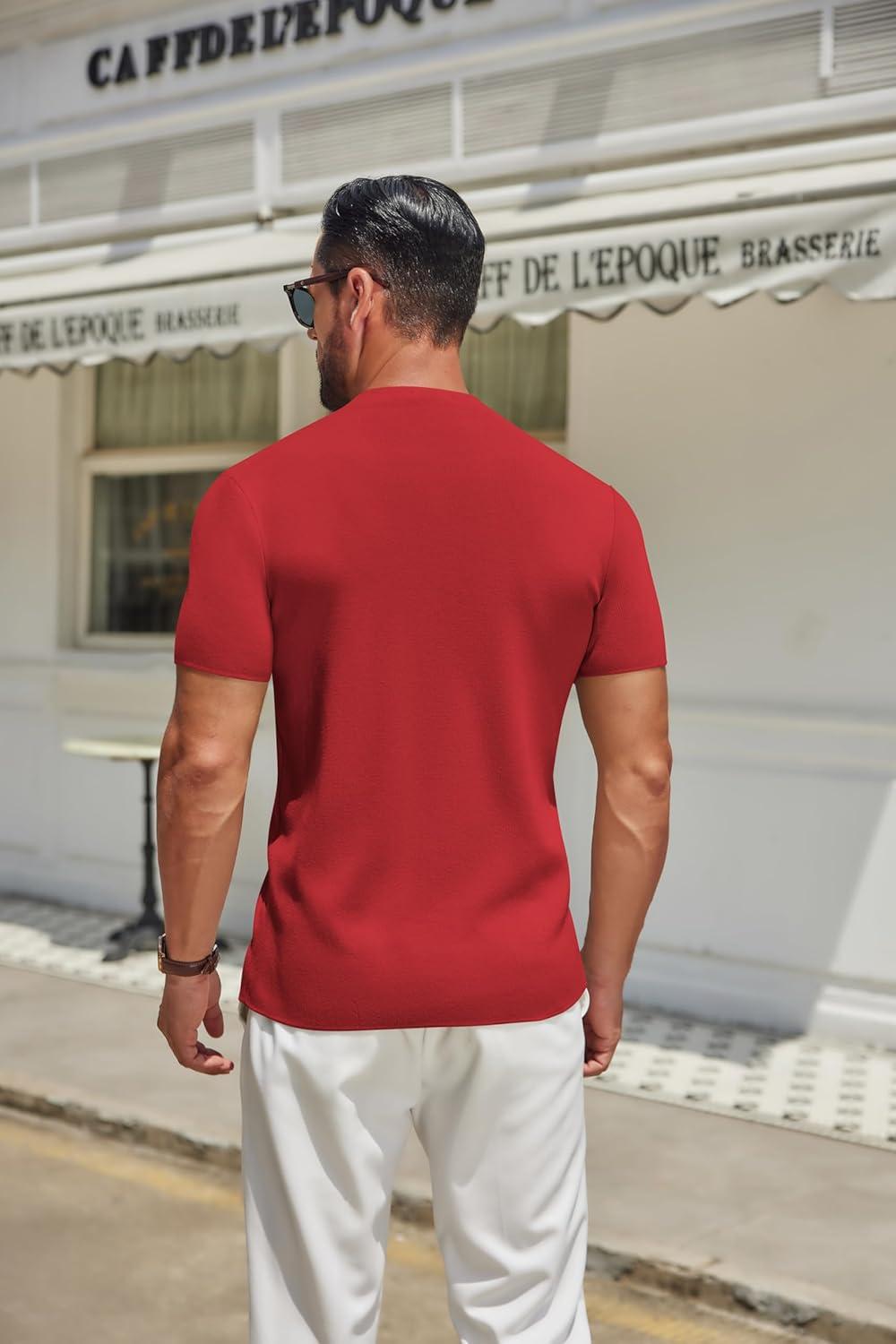 imageCOOFANDY Mens Mock Turtleneck Sweater Short Sleeve Casual Knitted TShirts Thermal Tops Solid Basic TeeDeep Red