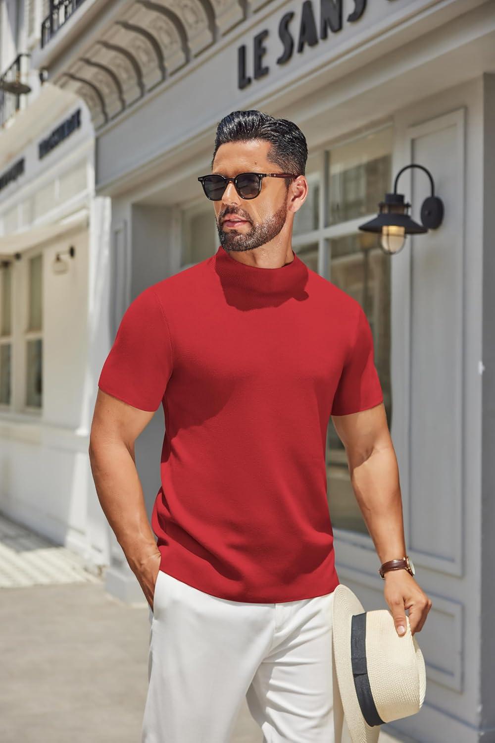 imageCOOFANDY Mens Mock Turtleneck Sweater Short Sleeve Casual Knitted TShirts Thermal Tops Solid Basic TeeDeep Red