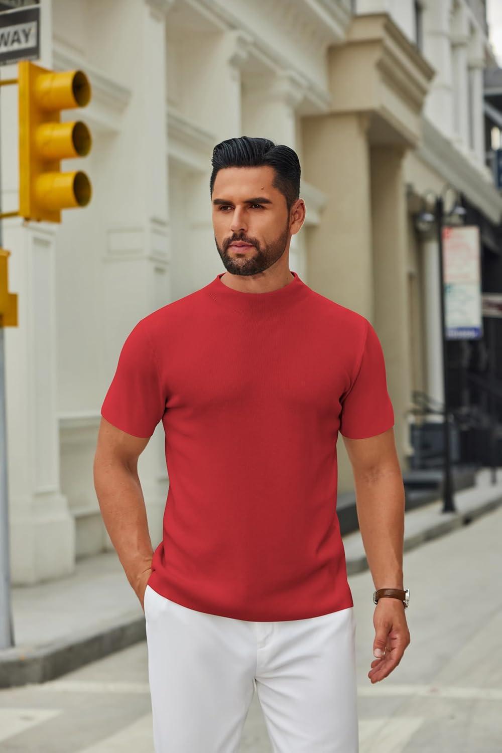 imageCOOFANDY Mens Mock Turtleneck Sweater Short Sleeve Casual Knitted TShirts Thermal Tops Solid Basic TeeDeep Red