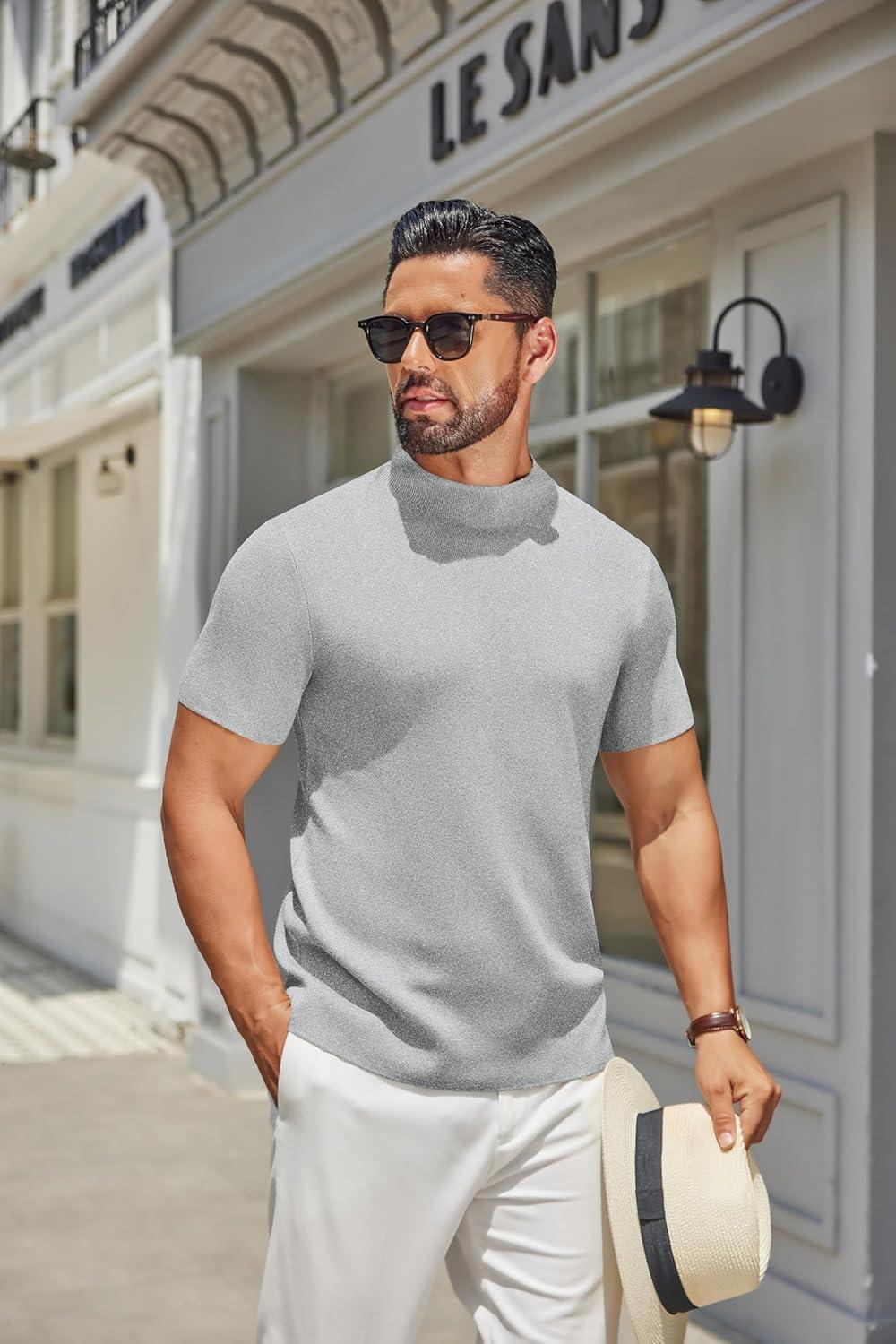 imageCOOFANDY Mens Mock Turtleneck Sweater Short Sleeve Casual Knitted TShirts Thermal Tops Solid Basic TeeLight Grey