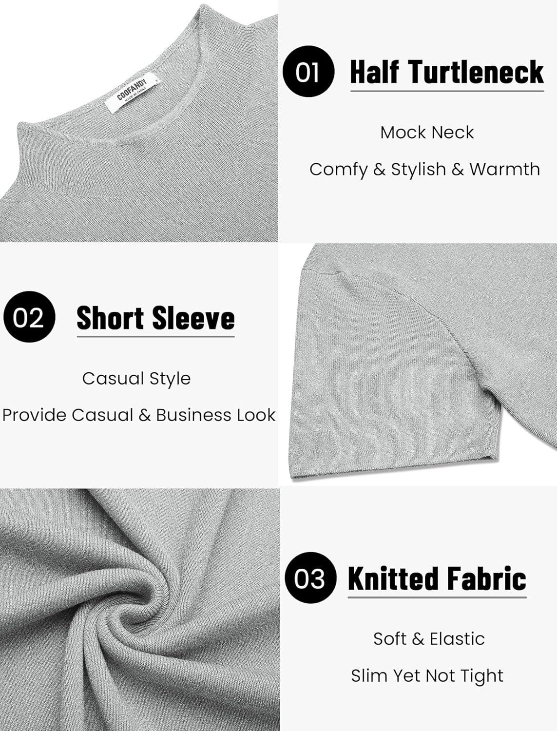 imageCOOFANDY Mens Mock Turtleneck Sweater Short Sleeve Casual Knitted TShirts Thermal Tops Solid Basic TeeLight Grey