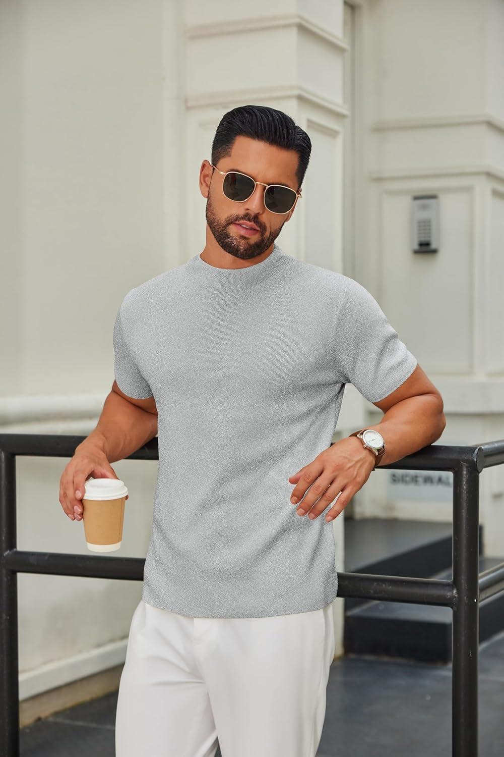 imageCOOFANDY Mens Mock Turtleneck Sweater Short Sleeve Casual Knitted TShirts Thermal Tops Solid Basic TeeLight Grey
