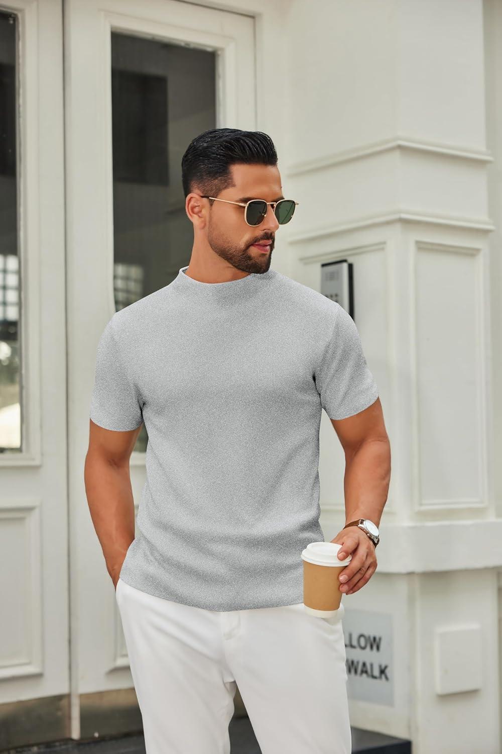 imageCOOFANDY Mens Mock Turtleneck Sweater Short Sleeve Casual Knitted TShirts Thermal Tops Solid Basic TeeLight Grey
