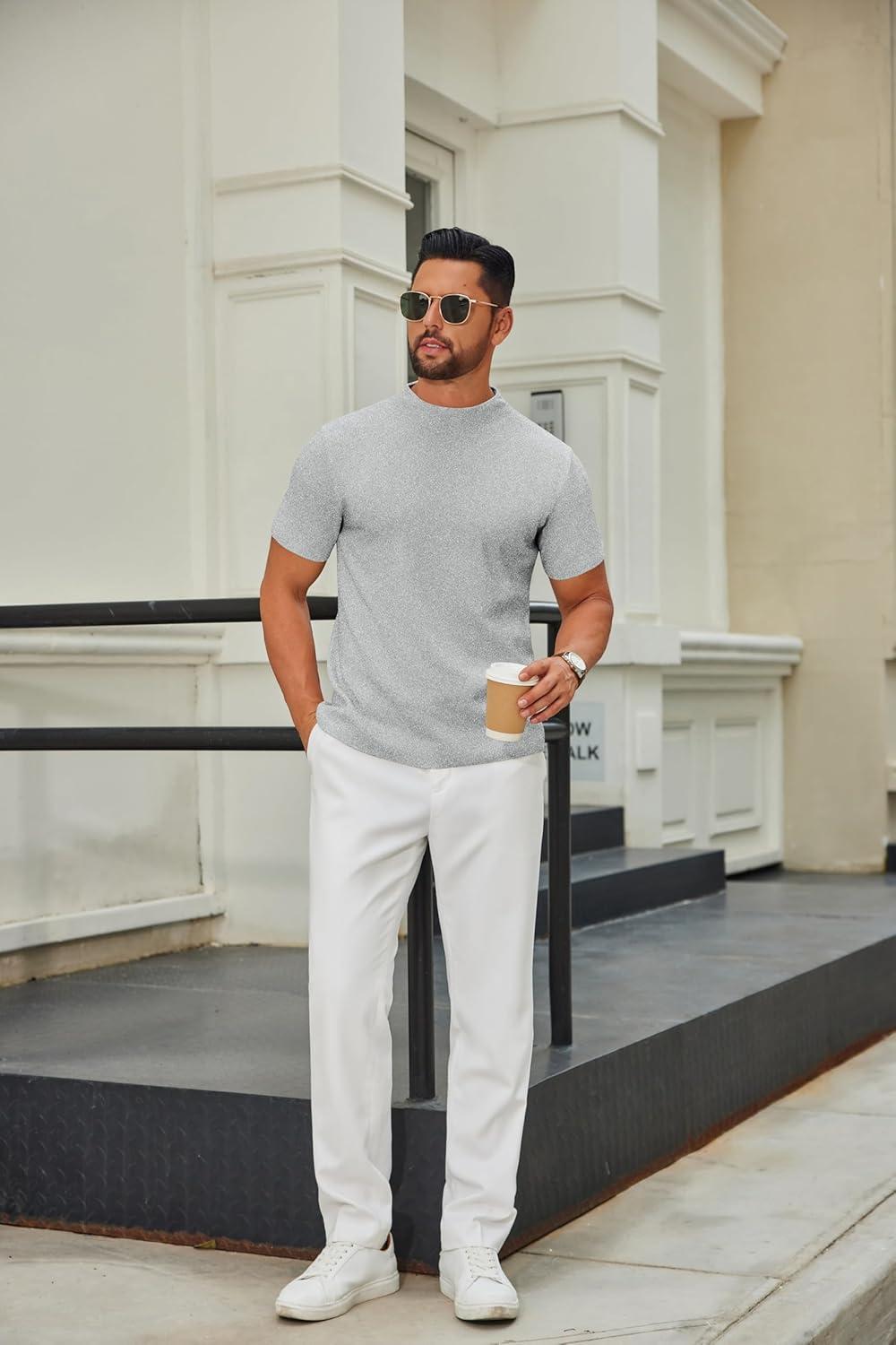 imageCOOFANDY Mens Mock Turtleneck Sweater Short Sleeve Casual Knitted TShirts Thermal Tops Solid Basic TeeLight Grey