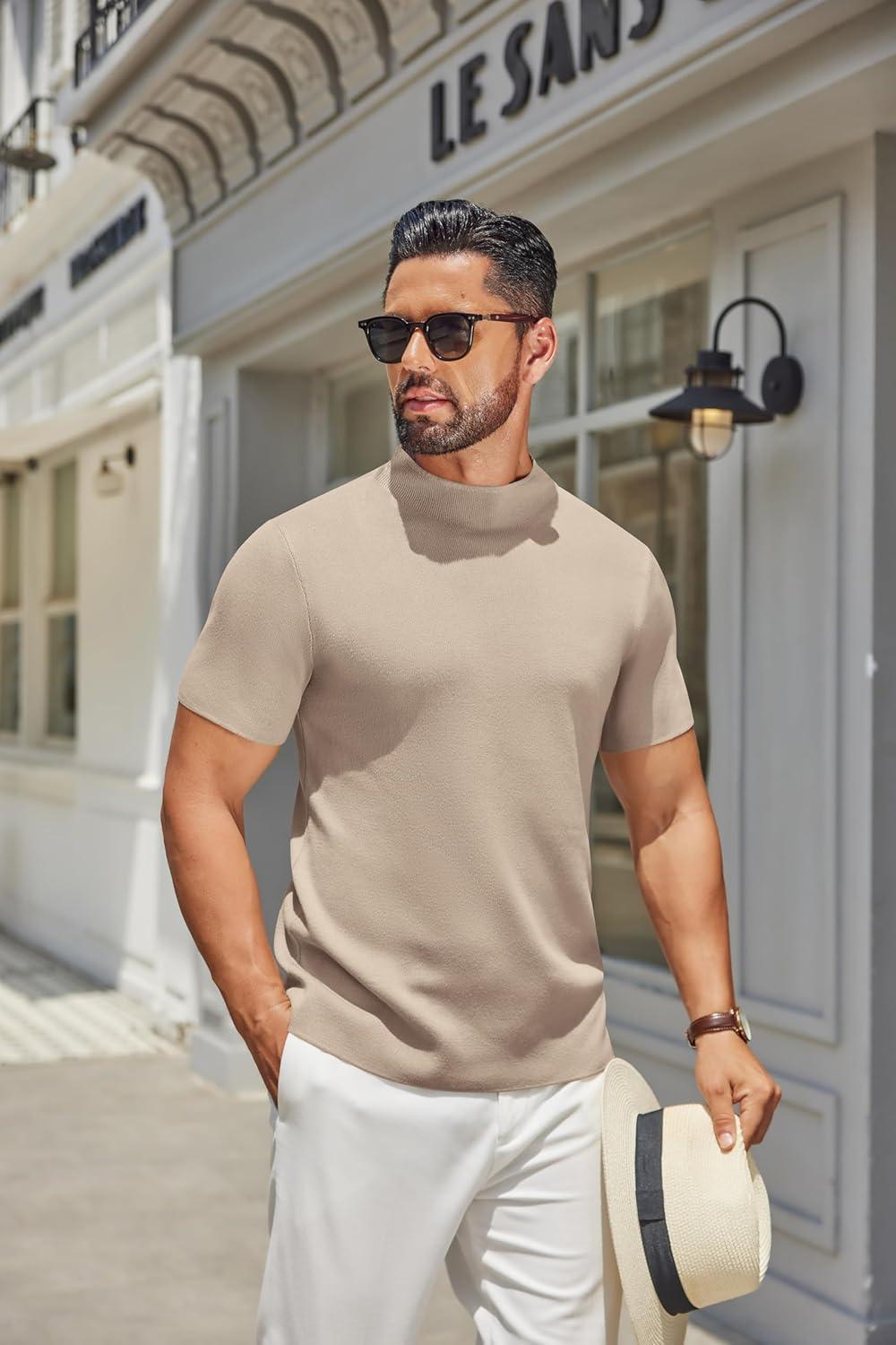 imageCOOFANDY Mens Mock Turtleneck Sweater Short Sleeve Casual Knitted TShirts Thermal Tops Solid Basic TeeLight Khaki