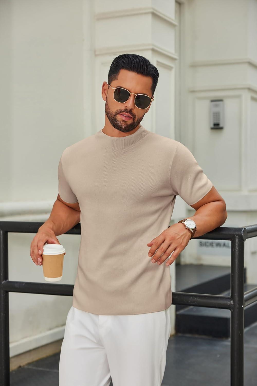 imageCOOFANDY Mens Mock Turtleneck Sweater Short Sleeve Casual Knitted TShirts Thermal Tops Solid Basic TeeLight Khaki
