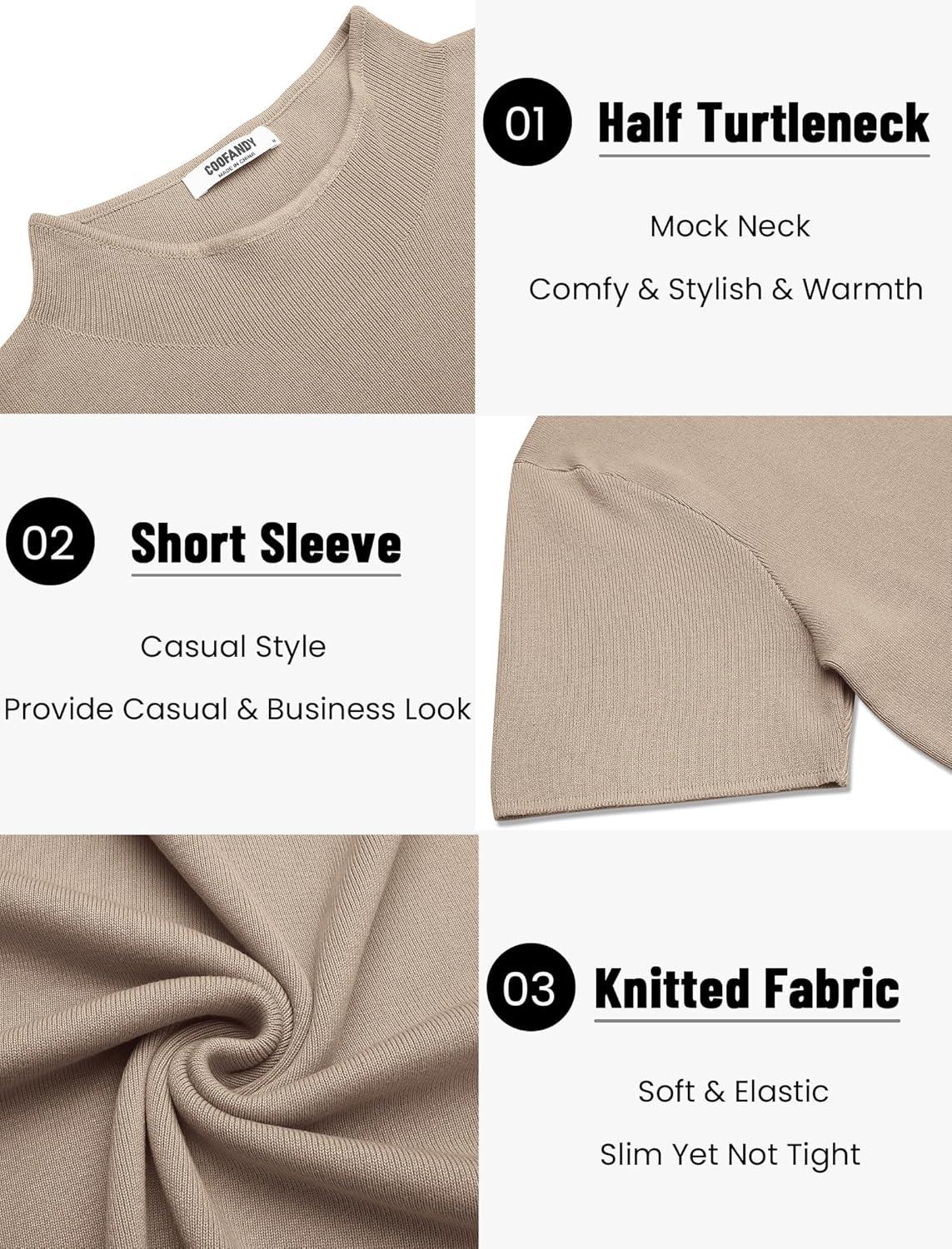 imageCOOFANDY Mens Mock Turtleneck Sweater Short Sleeve Casual Knitted TShirts Thermal Tops Solid Basic TeeLight Khaki