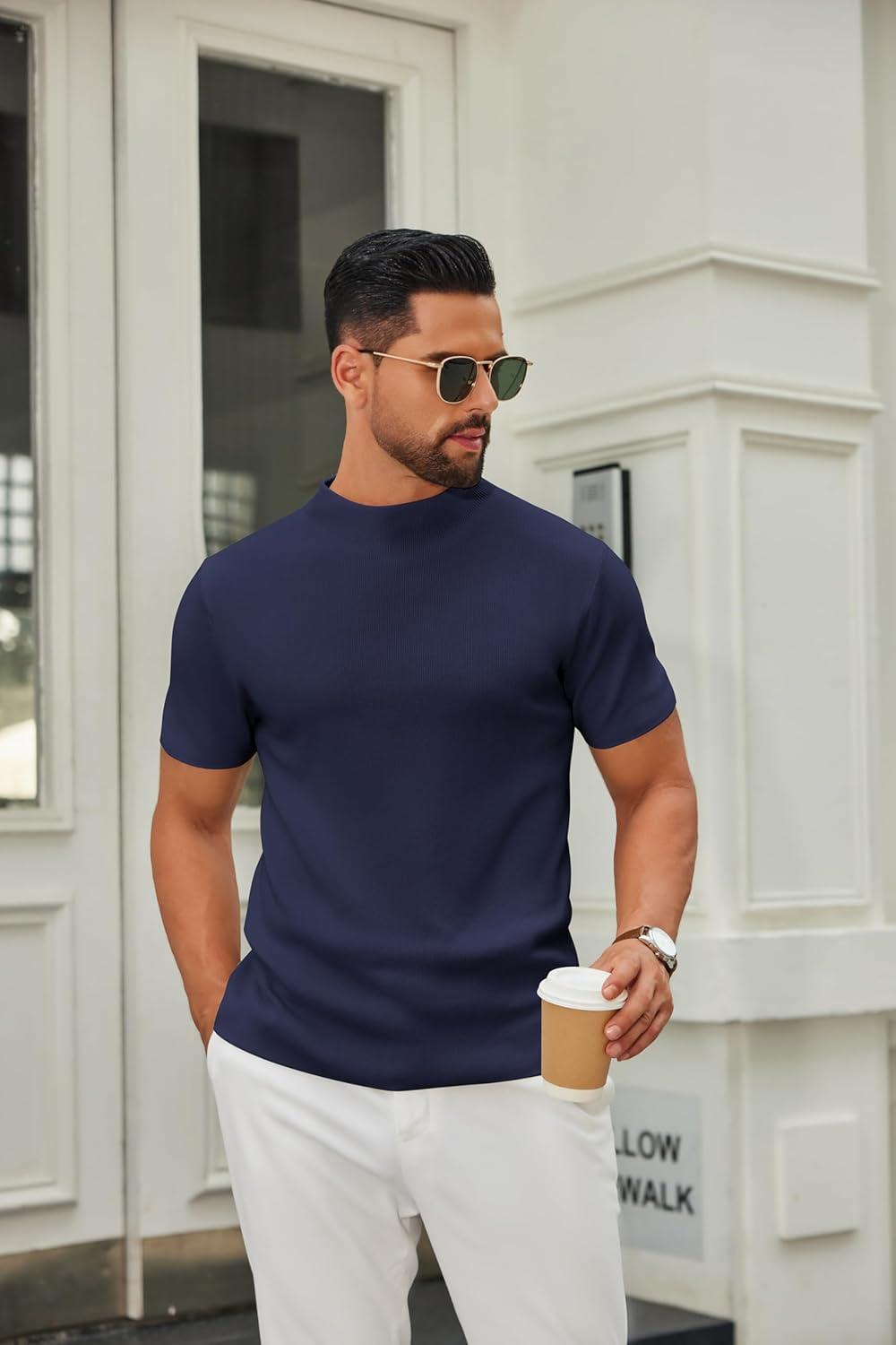 imageCOOFANDY Mens Mock Turtleneck Sweater Short Sleeve Casual Knitted TShirts Thermal Tops Solid Basic TeeNavy Blue