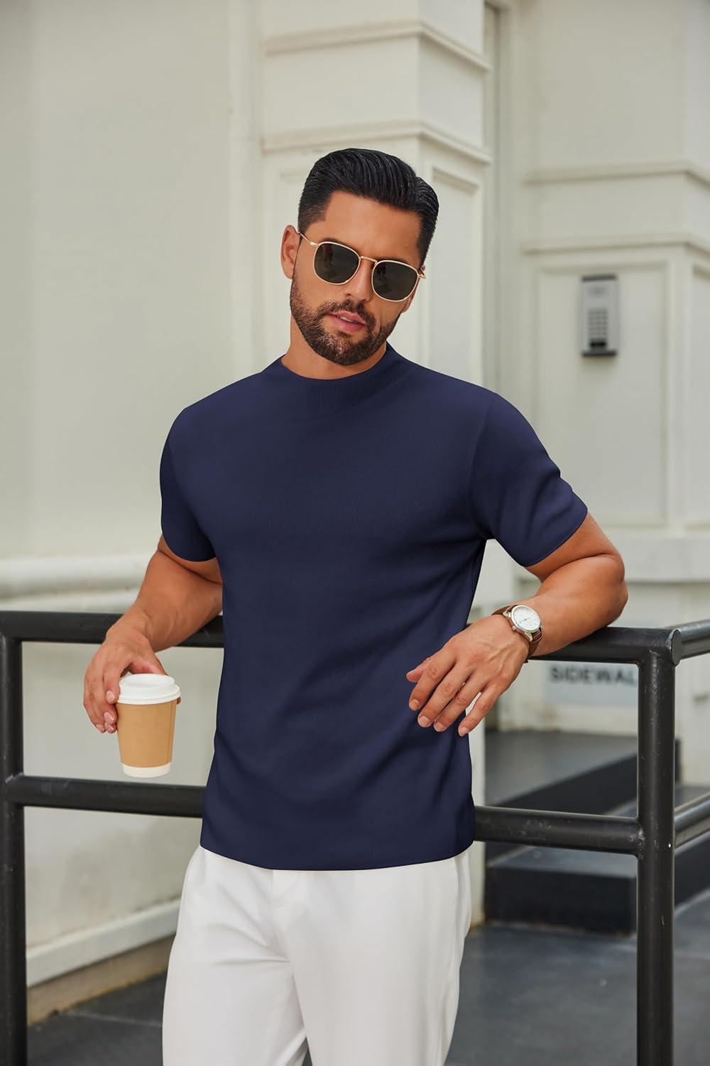 imageCOOFANDY Mens Mock Turtleneck Sweater Short Sleeve Casual Knitted TShirts Thermal Tops Solid Basic TeeNavy Blue