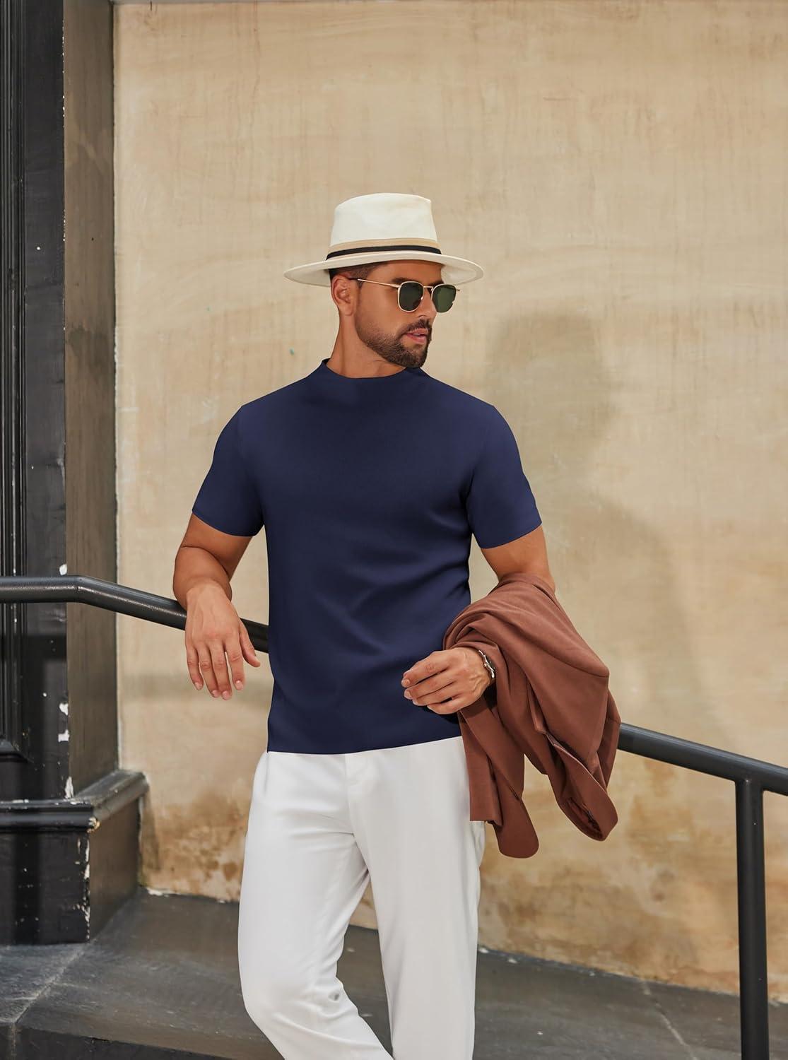 imageCOOFANDY Mens Mock Turtleneck Sweater Short Sleeve Casual Knitted TShirts Thermal Tops Solid Basic TeeNavy Blue