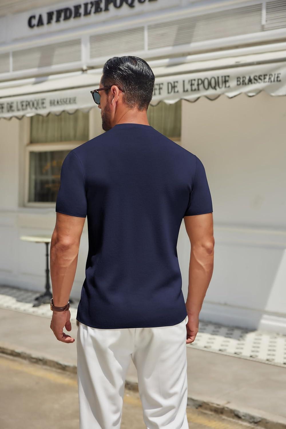 imageCOOFANDY Mens Mock Turtleneck Sweater Short Sleeve Casual Knitted TShirts Thermal Tops Solid Basic TeeNavy Blue