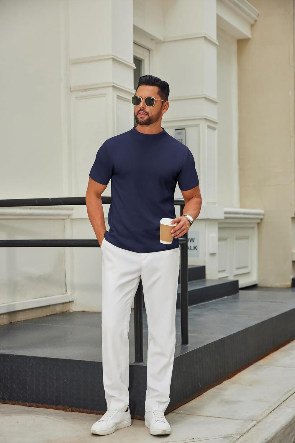 imageCOOFANDY Mens Mock Turtleneck Sweater Short Sleeve Casual Knitted TShirts Thermal Tops Solid Basic TeeNavy Blue