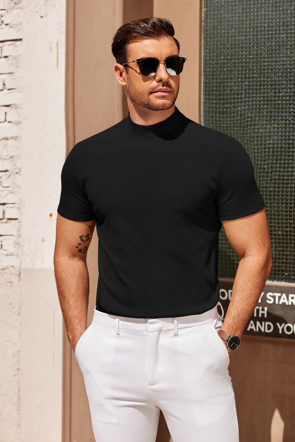 imageCOOFANDY Mens Mock Turtleneck Sweater Short Sleeve Slim Fit Turtle Neck Sweaters Casual Basic Tee Ribbed Knit Pullover TopsAblack