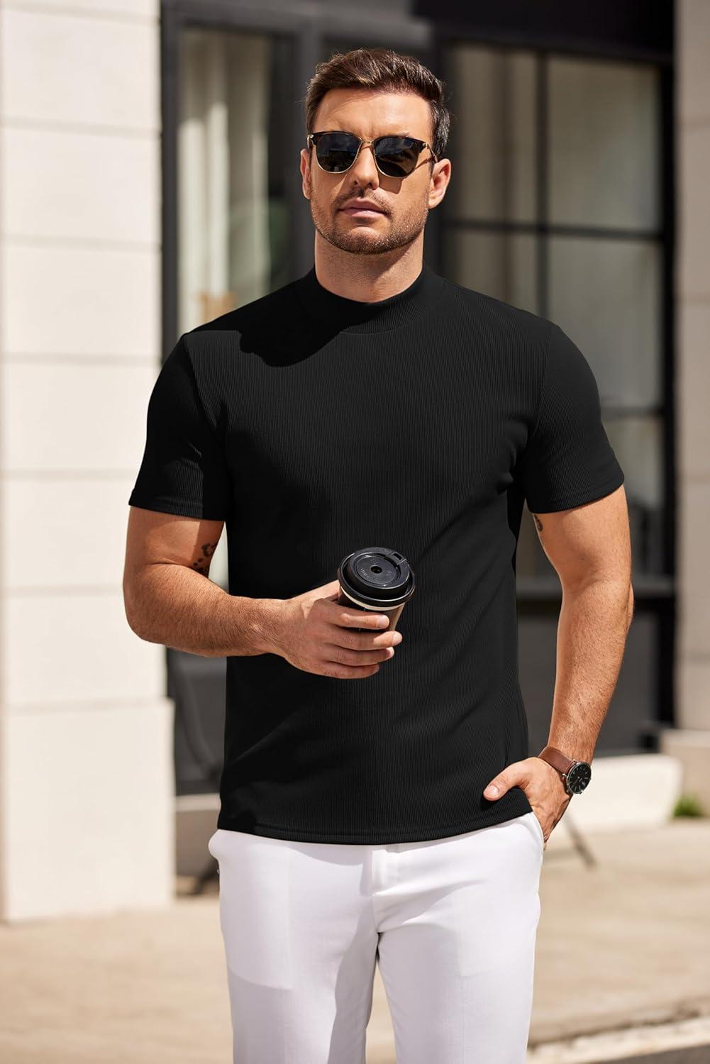 imageCOOFANDY Mens Mock Turtleneck Sweater Short Sleeve Slim Fit Turtle Neck Sweaters Casual Basic Tee Ribbed Knit Pullover TopsAblack