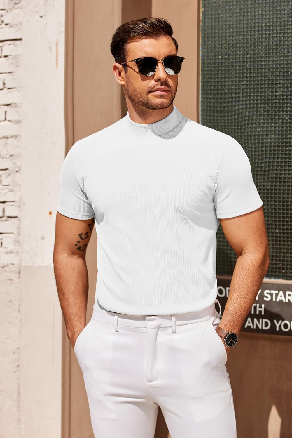imageCOOFANDY Mens Mock Turtleneck Sweater Short Sleeve Slim Fit Turtle Neck Sweaters Casual Basic Tee Ribbed Knit Pullover TopsAwhite
