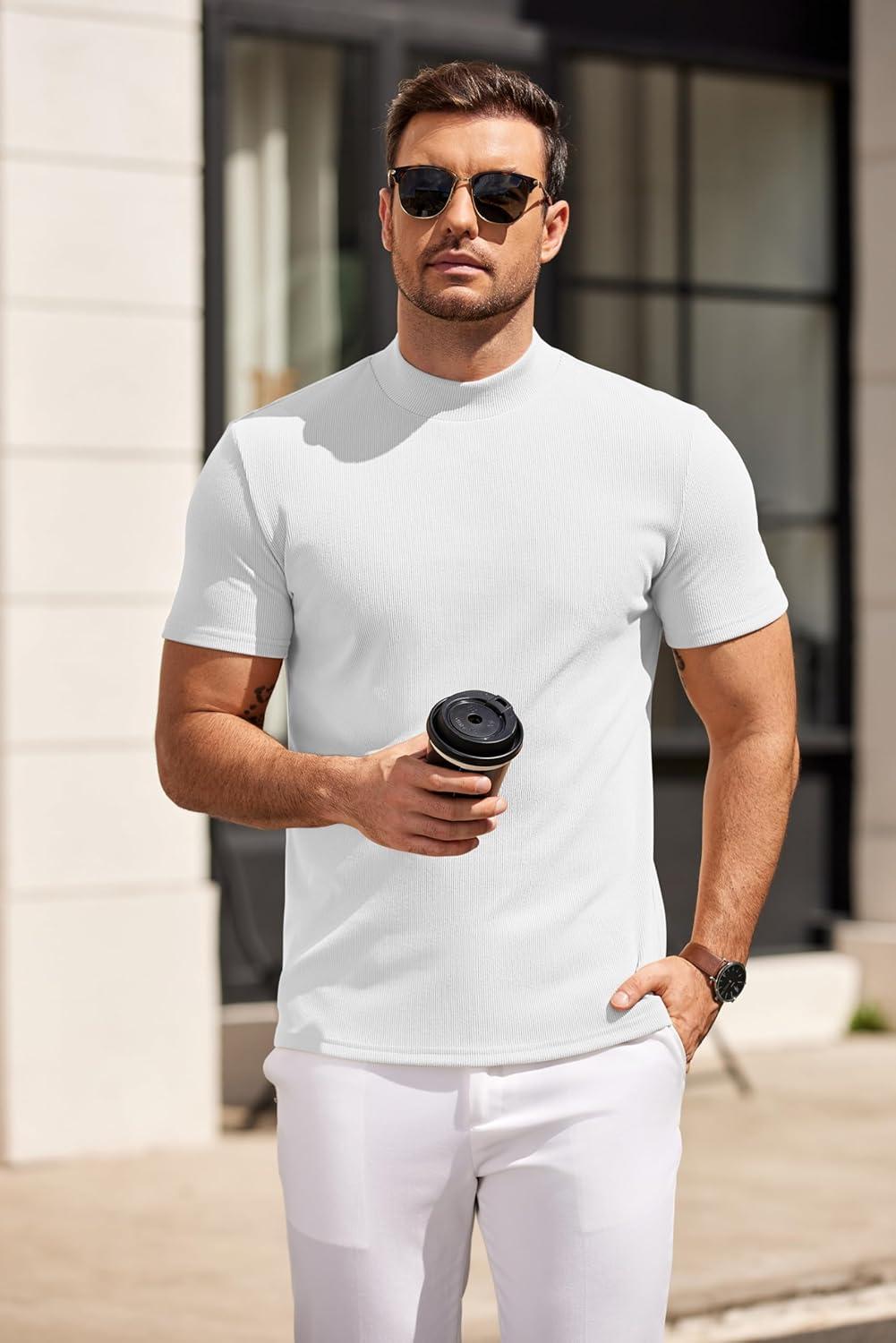 imageCOOFANDY Mens Mock Turtleneck Sweater Short Sleeve Slim Fit Turtle Neck Sweaters Casual Basic Tee Ribbed Knit Pullover TopsAwhite
