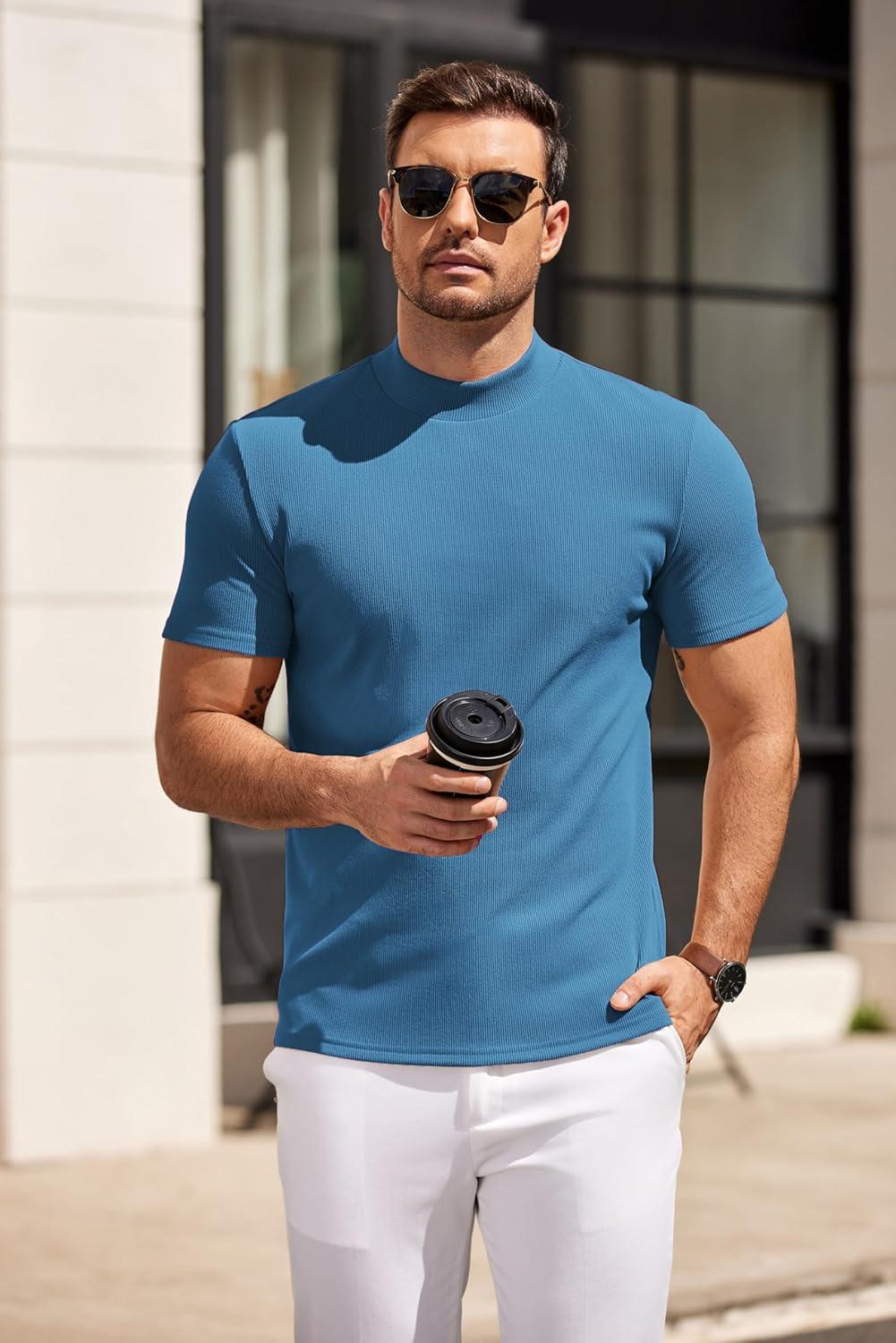 imageCOOFANDY Mens Mock Turtleneck Sweater Short Sleeve Slim Fit Turtle Neck Sweaters Casual Basic Tee Ribbed Knit Pullover TopsBlue