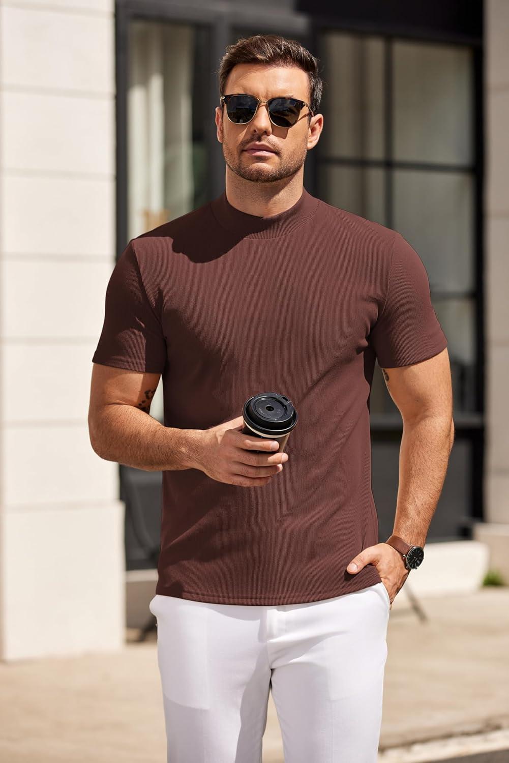 imageCOOFANDY Mens Mock Turtleneck Sweater Short Sleeve Slim Fit Turtle Neck Sweaters Casual Basic Tee Ribbed Knit Pullover TopsBrown