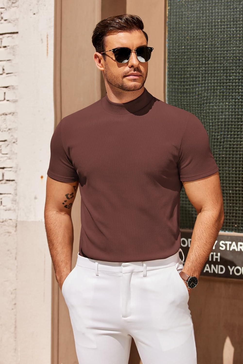imageCOOFANDY Mens Mock Turtleneck Sweater Short Sleeve Slim Fit Turtle Neck Sweaters Casual Basic Tee Ribbed Knit Pullover TopsBrown