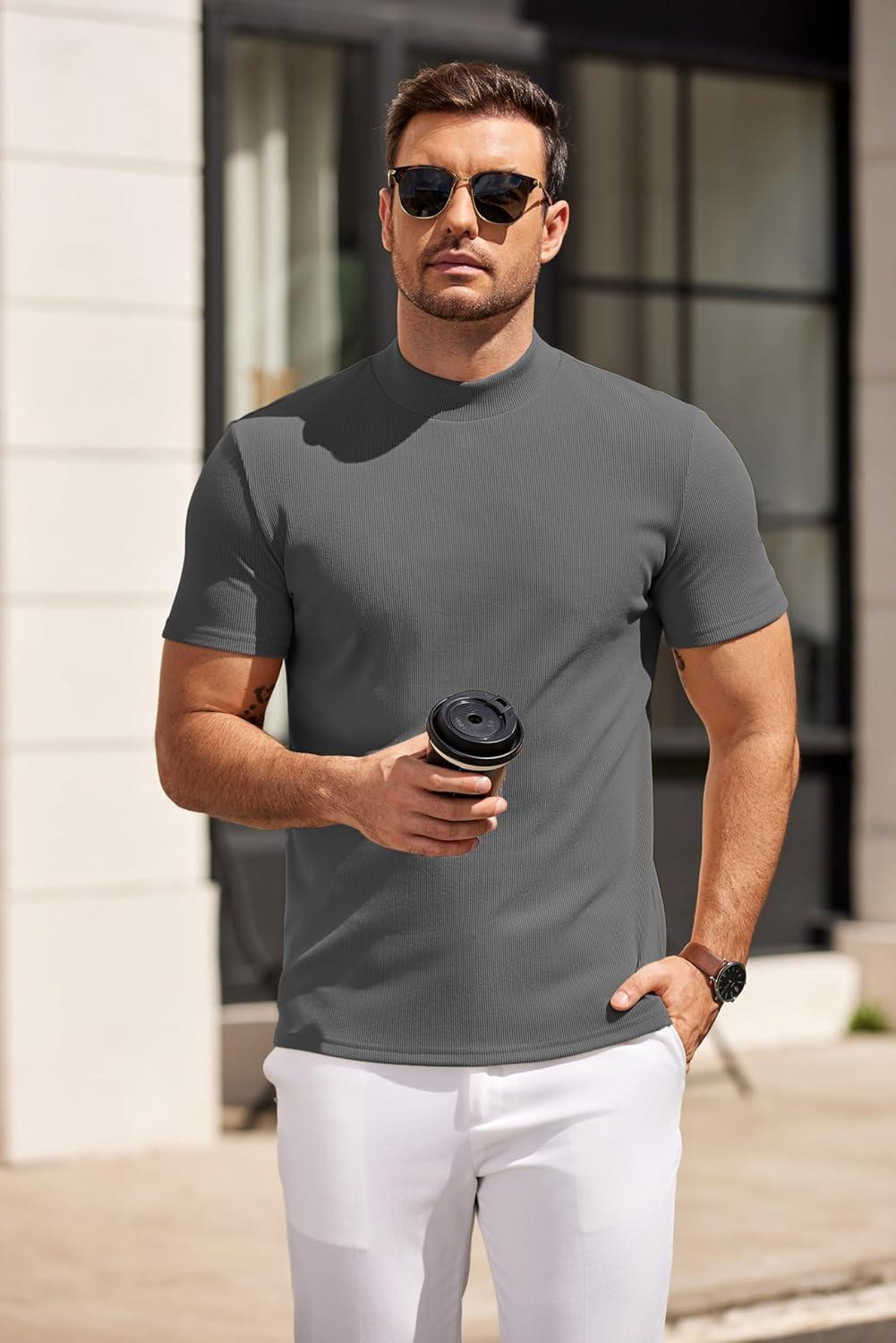 imageCOOFANDY Mens Mock Turtleneck Sweater Short Sleeve Slim Fit Turtle Neck Sweaters Casual Basic Tee Ribbed Knit Pullover TopsDark Grey