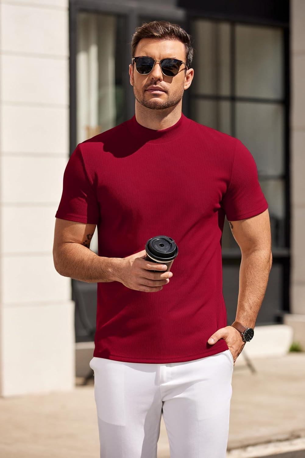 imageCOOFANDY Mens Mock Turtleneck Sweater Short Sleeve Slim Fit Turtle Neck Sweaters Casual Basic Tee Ribbed Knit Pullover TopsDark Red