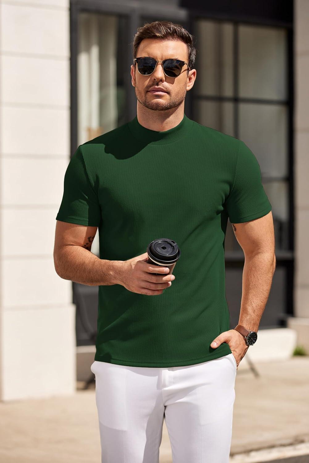 imageCOOFANDY Mens Mock Turtleneck Sweater Short Sleeve Slim Fit Turtle Neck Sweaters Casual Basic Tee Ribbed Knit Pullover TopsGreen
