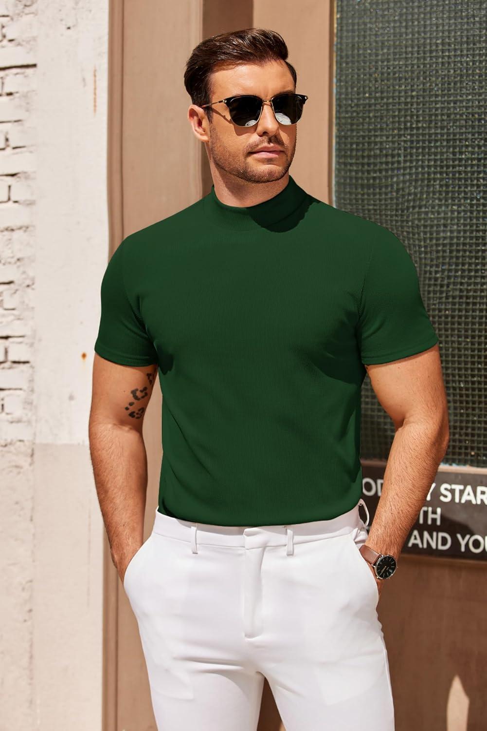 imageCOOFANDY Mens Mock Turtleneck Sweater Short Sleeve Slim Fit Turtle Neck Sweaters Casual Basic Tee Ribbed Knit Pullover TopsGreen