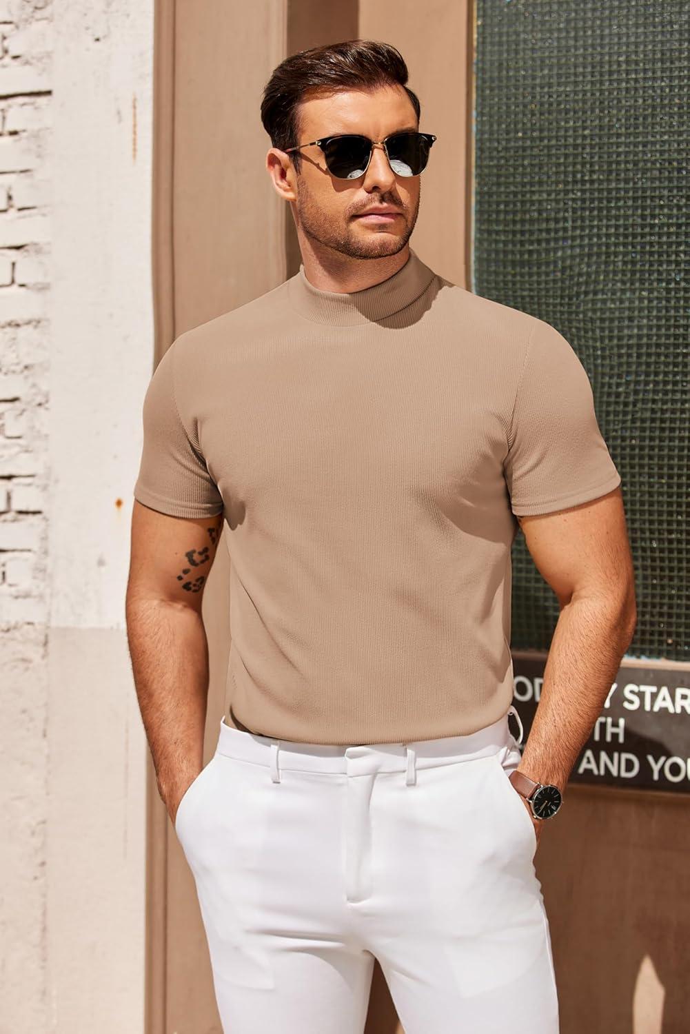 imageCOOFANDY Mens Mock Turtleneck Sweater Short Sleeve Slim Fit Turtle Neck Sweaters Casual Basic Tee Ribbed Knit Pullover TopsKhaki