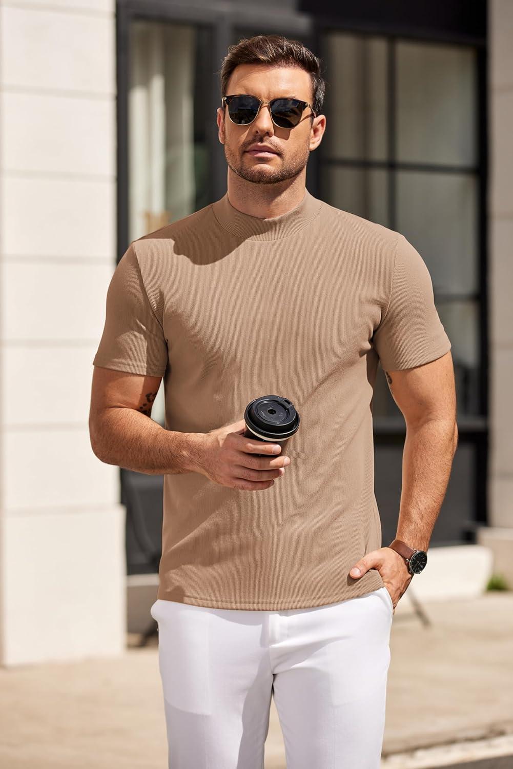 imageCOOFANDY Mens Mock Turtleneck Sweater Short Sleeve Slim Fit Turtle Neck Sweaters Casual Basic Tee Ribbed Knit Pullover TopsKhaki