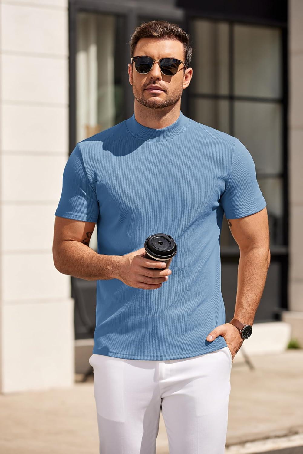 imageCOOFANDY Mens Mock Turtleneck Sweater Short Sleeve Slim Fit Turtle Neck Sweaters Casual Basic Tee Ribbed Knit Pullover TopsLight Blue