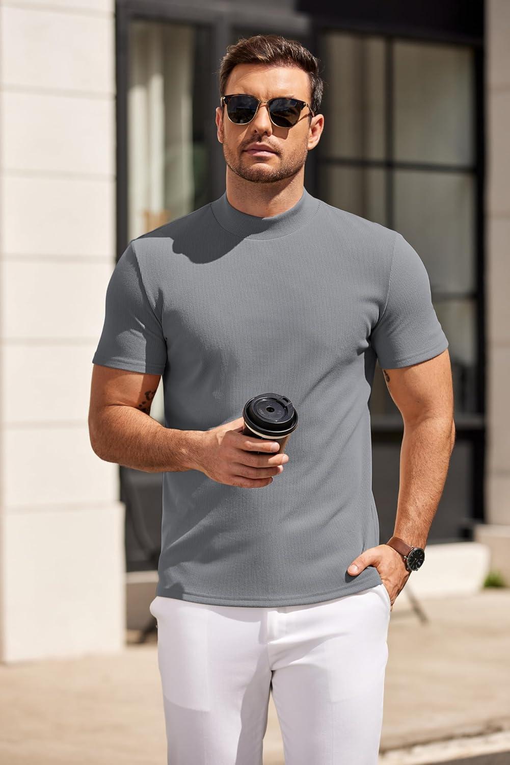 imageCOOFANDY Mens Mock Turtleneck Sweater Short Sleeve Slim Fit Turtle Neck Sweaters Casual Basic Tee Ribbed Knit Pullover TopsLight Grey