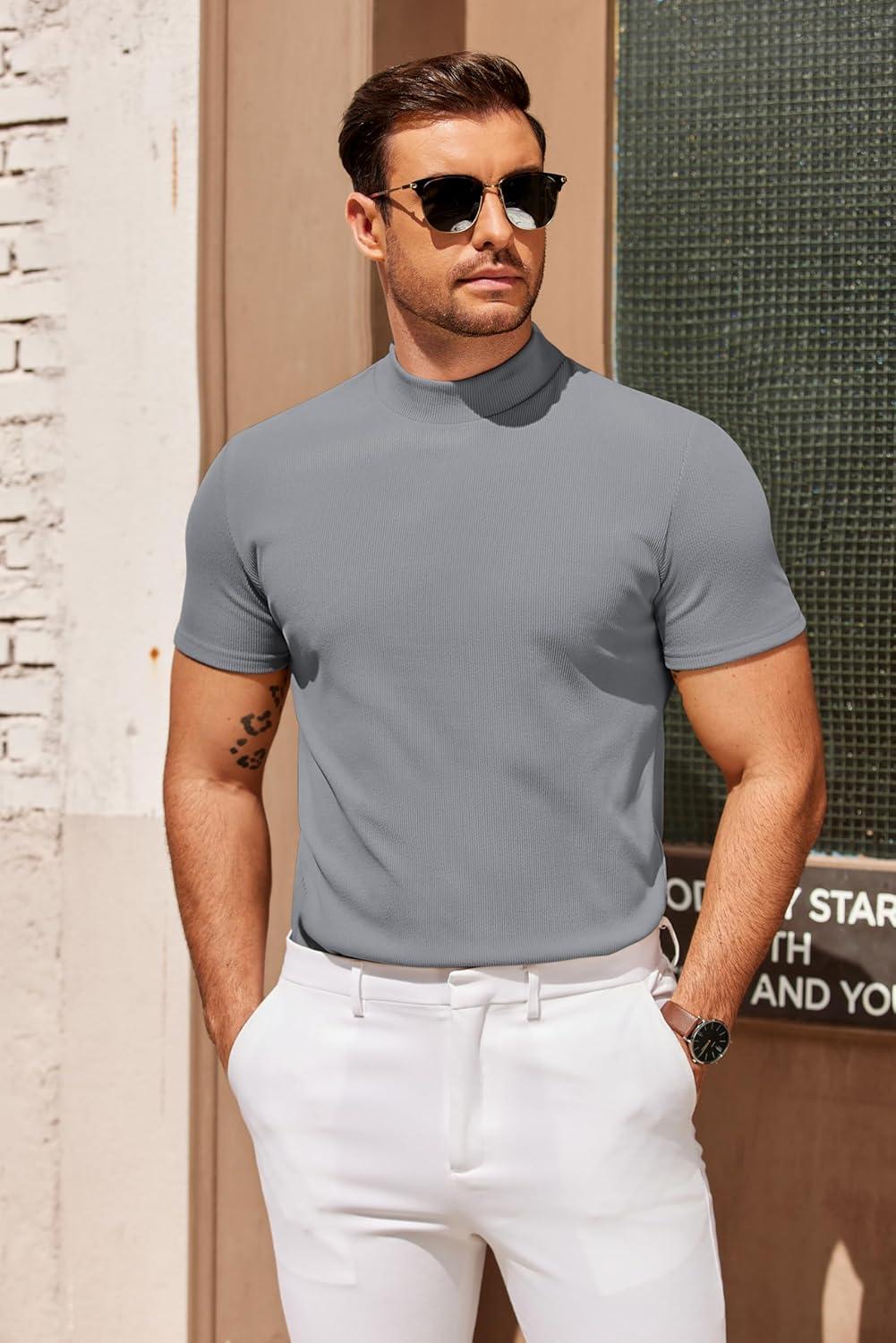 imageCOOFANDY Mens Mock Turtleneck Sweater Short Sleeve Slim Fit Turtle Neck Sweaters Casual Basic Tee Ribbed Knit Pullover TopsLight Grey
