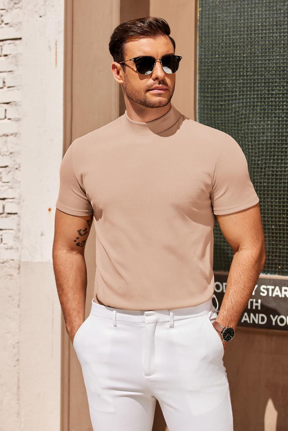imageCOOFANDY Mens Mock Turtleneck Sweater Short Sleeve Slim Fit Turtle Neck Sweaters Casual Basic Tee Ribbed Knit Pullover TopsLight Khaki