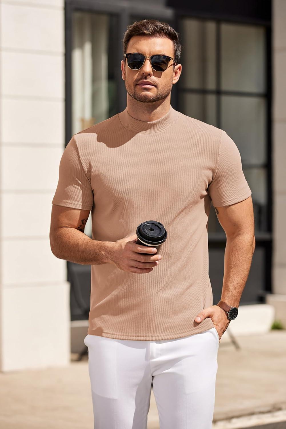 imageCOOFANDY Mens Mock Turtleneck Sweater Short Sleeve Slim Fit Turtle Neck Sweaters Casual Basic Tee Ribbed Knit Pullover TopsLight Khaki