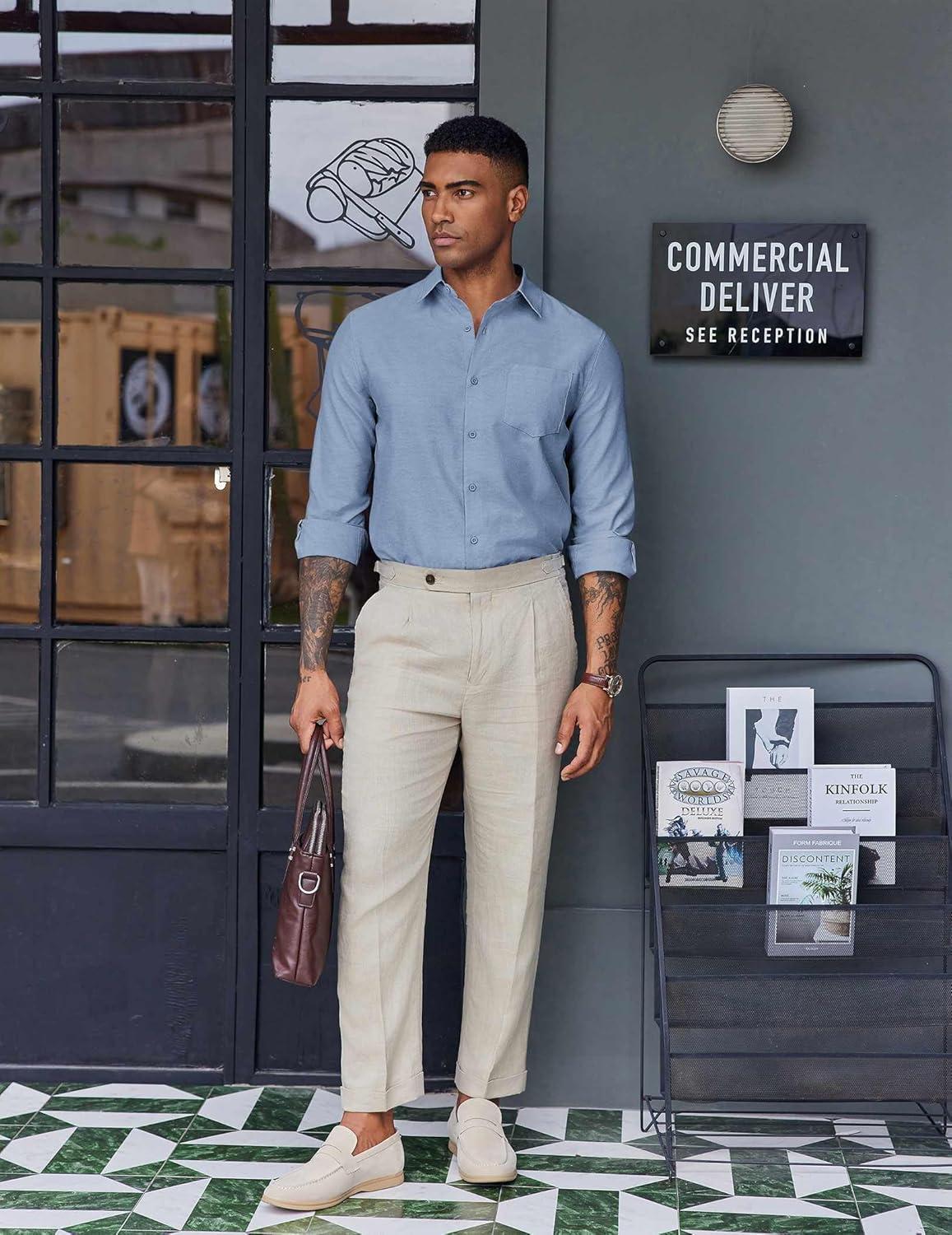 imageCOOFANDY Mens Oxford Shirt Long Sleeve Casual Button Down Shirts Soild Dress Shirts with PocketGrayish Blue